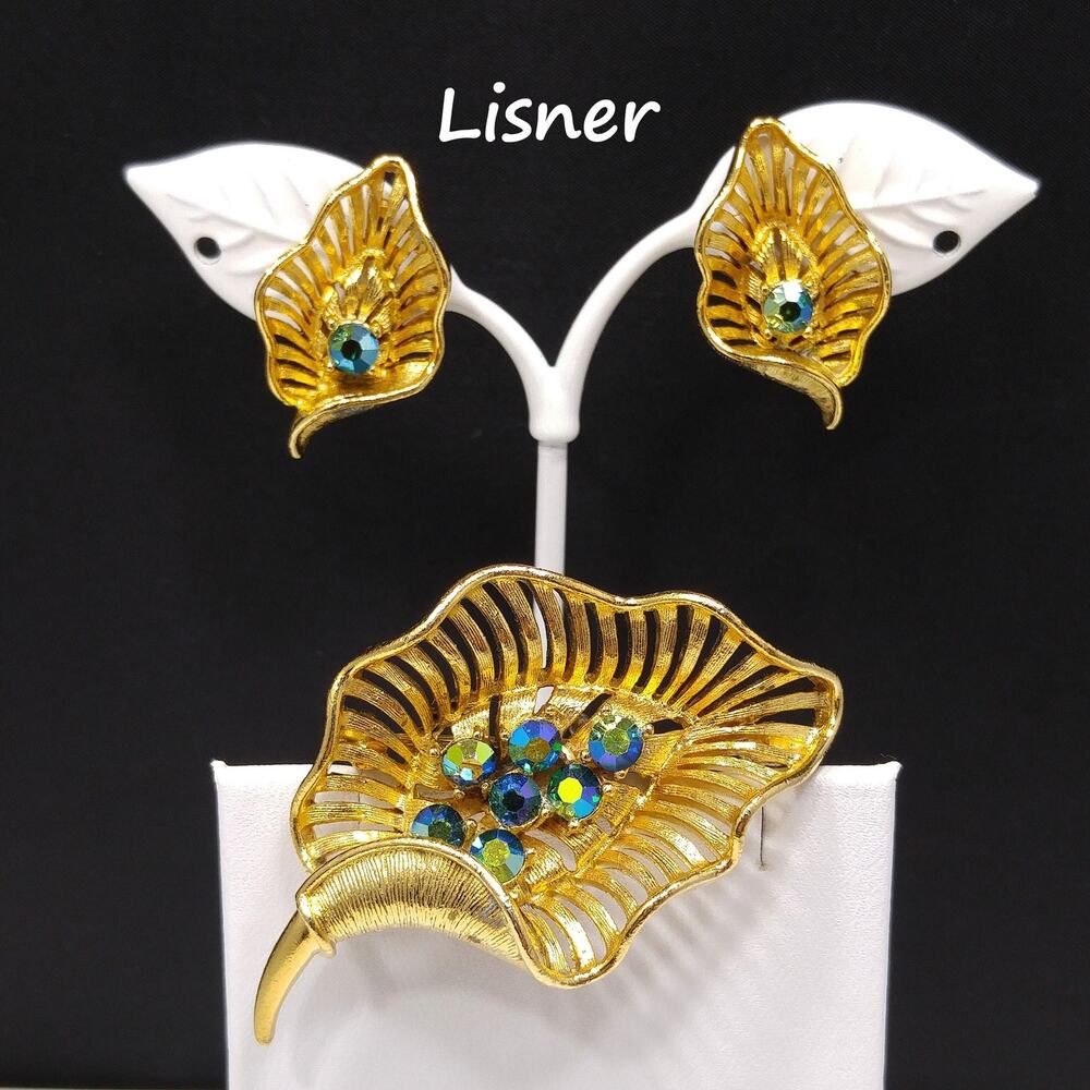 Lisner Blue Aurora Borealis Leaf Brooch & Earrings, Gold Plated, 1960s Vintage